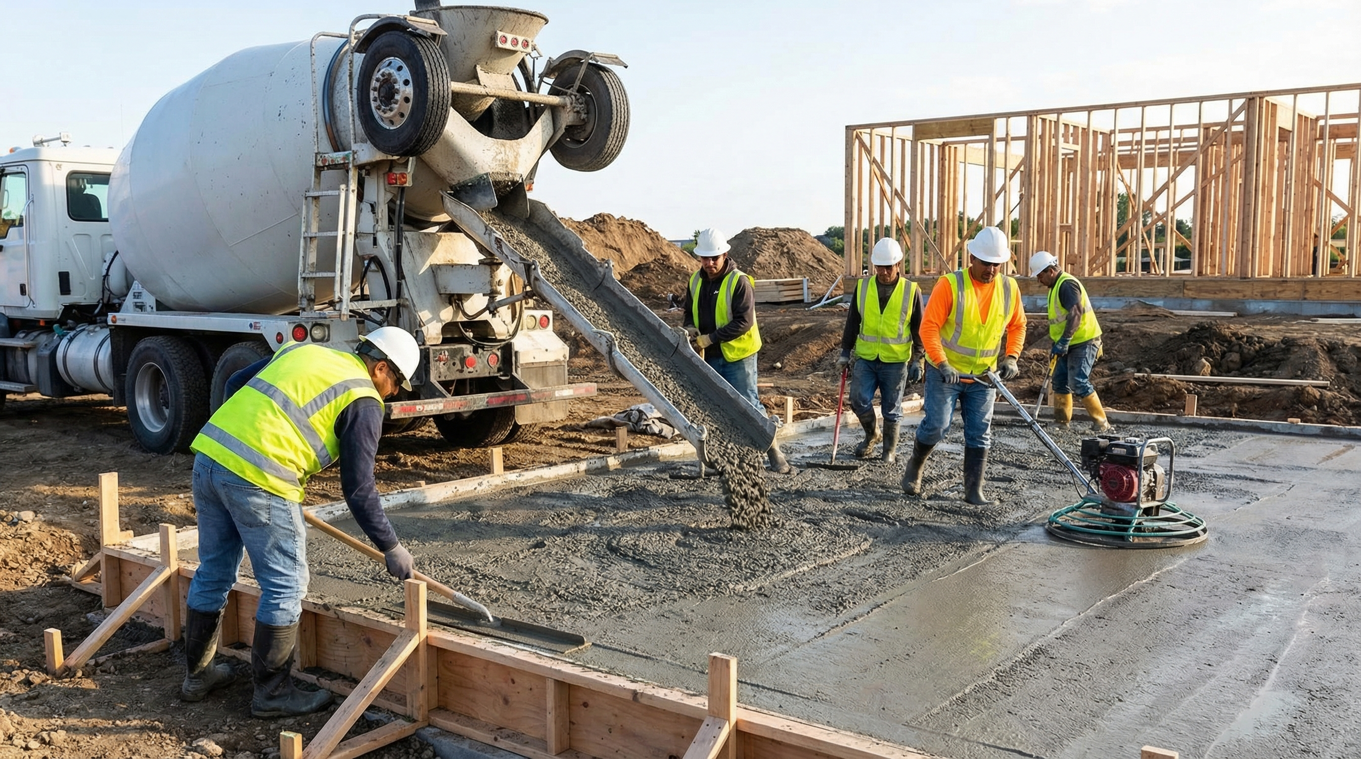 Fresh concrete being poured for foundation