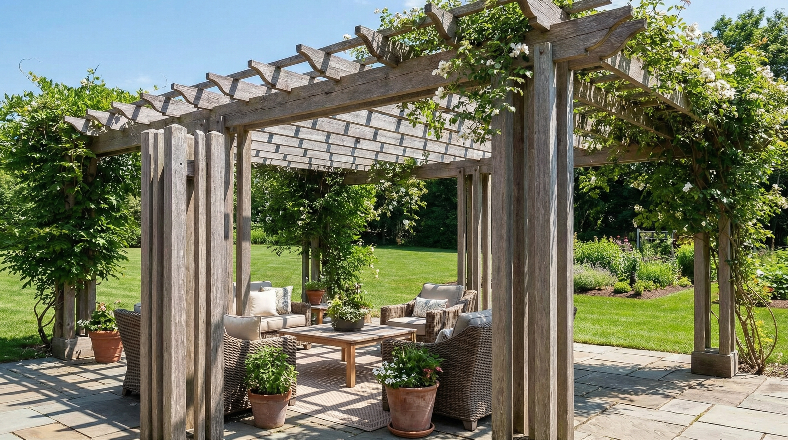 Wooden pergola structure in backyard