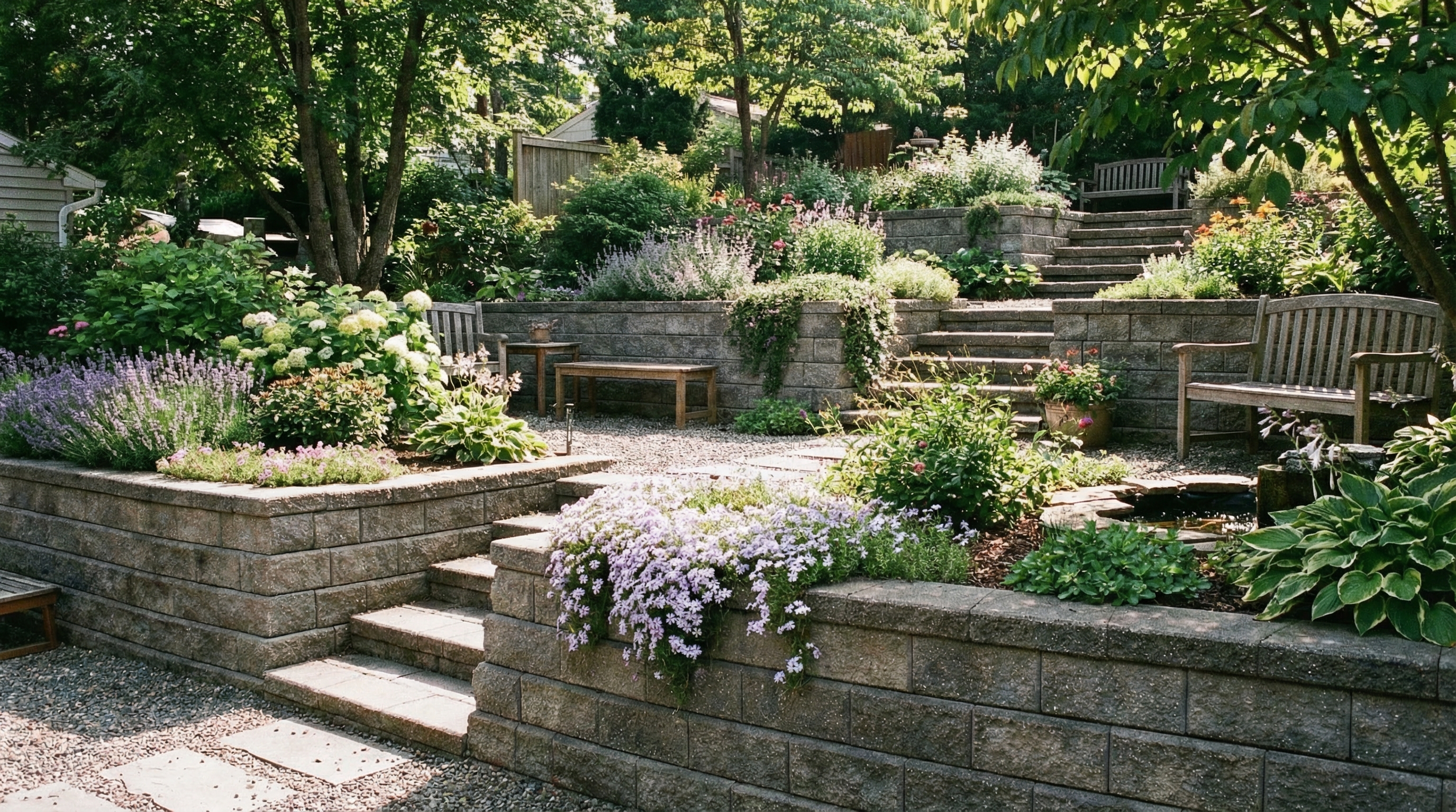 Stacked retaining wall blocks in garden